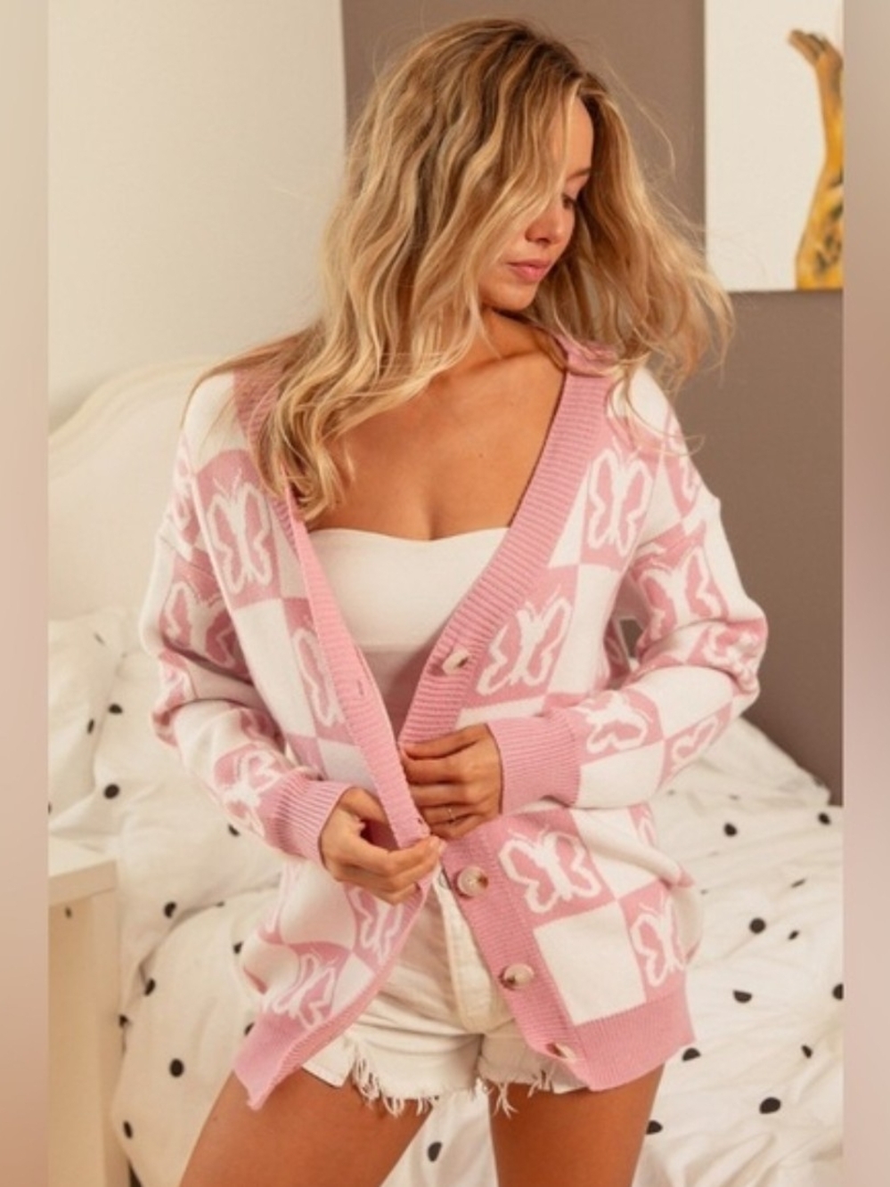 BiBi Soft Pink Butterfly Check Cardigan Sweater
